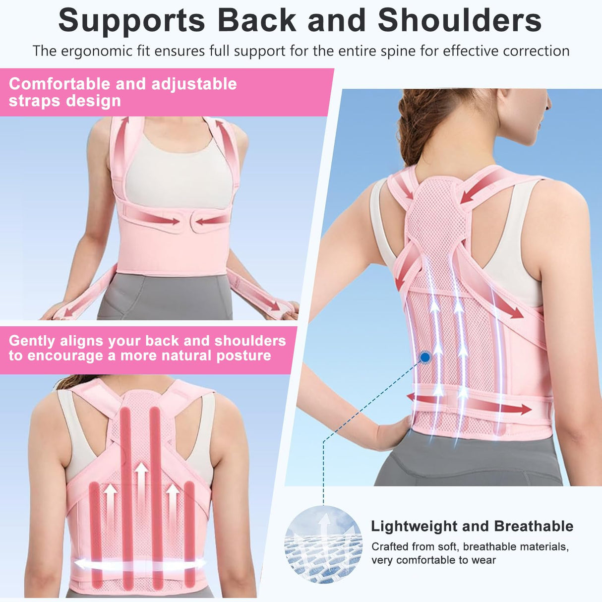 URBTFLM Back Posture Corrector for Women - Adjustable Straightener Back Brace Posture Corrector Under Clothes (Pink, Medium)
