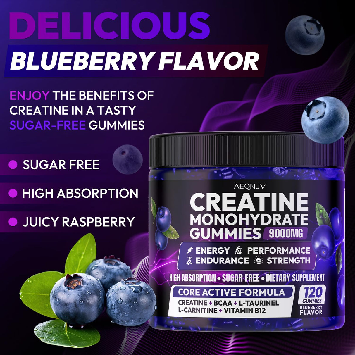 AEQNJV Creatine Gummies Monohydrate Complex for Men & Women, 9000MG Creatine Pre-Workout Supplement Enhance Muscle Strength Recovery Cognitive Health & Memory, 120 Gummies Sugar Free Vegan Non-GMO