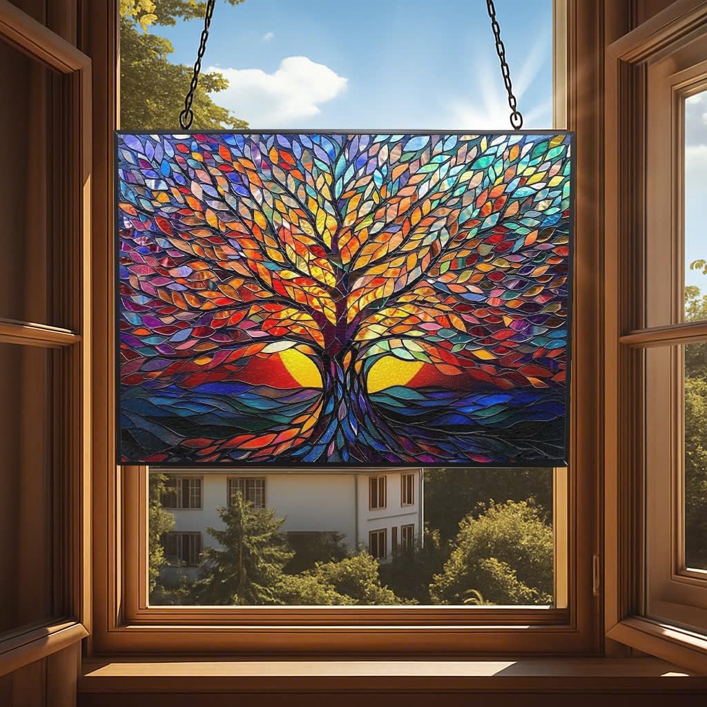 HYPESTYLE Rectangle Tree of Life Stained Glass Window Hanging, 15" W X 11" H Stained Glass Panel with Chain, Suncatchers for Windows Hanging Decorations, Gifts for Mom, Grandma, Wife, Sister