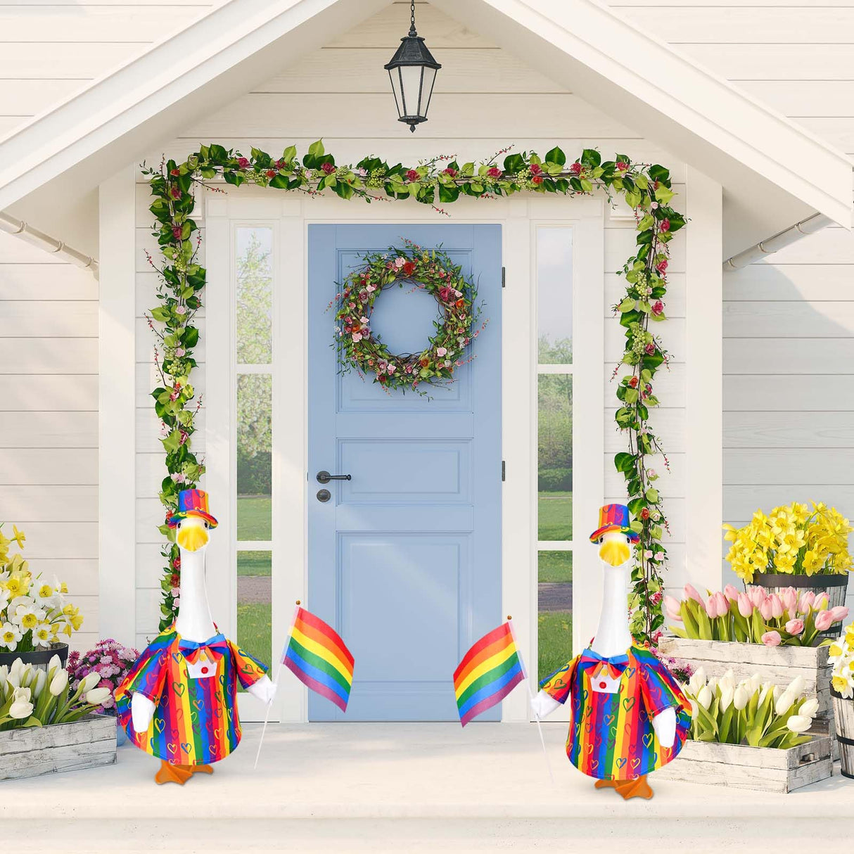 Rainbow Pride Goose Outfit Porch Goose Pride Outfits LGBTQ Goose Outfit with Love Print Rainbow Clothes Hat Bow Flag Fits 23'' Geese Statue for Pride Month Indoor Outdoor Garden Lawn Patio Yard Decor