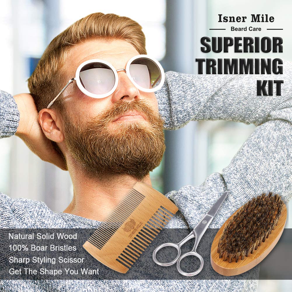 Isner Mile Beard Grooming Kit for Men: Trimming Sets with Beard Wash/Shampoo - Oil - Balm - Brush - Comb - Scissors & Storage Bag, Valentines Birthday Fathers Gifts for Dad Men Husband Boyfriend