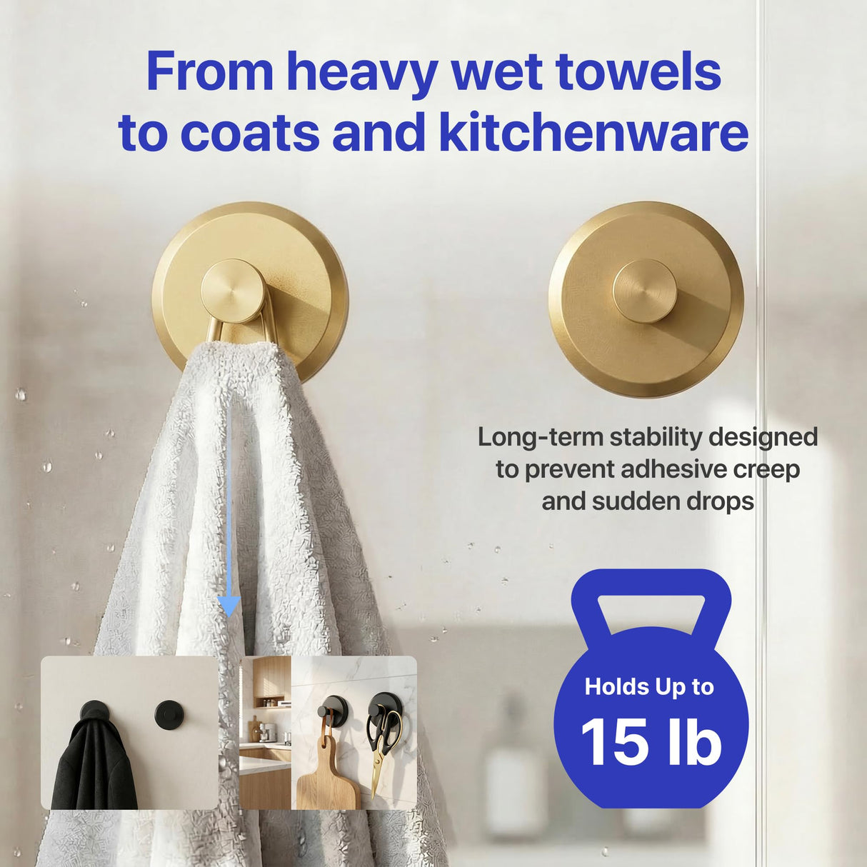 HOME SO Suction Cup Hooks for Shower & Bathroom Towel Holder 2-Pack – Suction Cups Hooks for Hanging Towels, Robes, & Coats - Tiles, Glass Door or Mirror – Shower Hooks & Towel Hooks Organizer - Gold