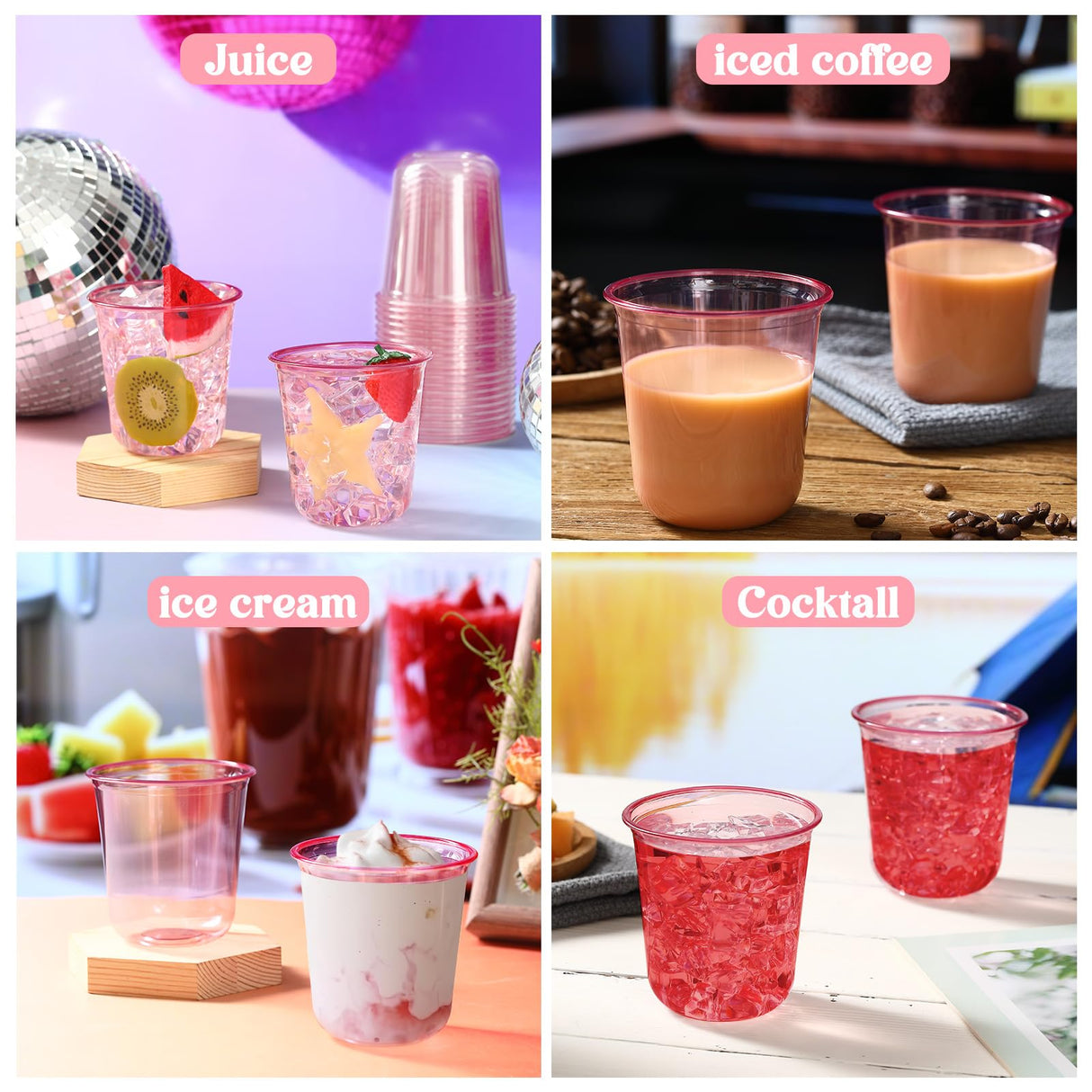 Ziliny 50 Pcs Disposable Stemless Glasses 12oz Crystal Plastic Wine Glasses Clear Classic Pet Cup for Meeting Weddings Birthdays Cocktail Christmas Party Supplies (Pink)