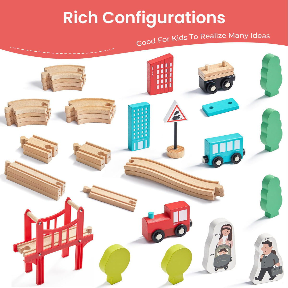 Tiny Land 39 Pcs Wooden Train Set for Toddler Ages3+ with Wooden Tracks
