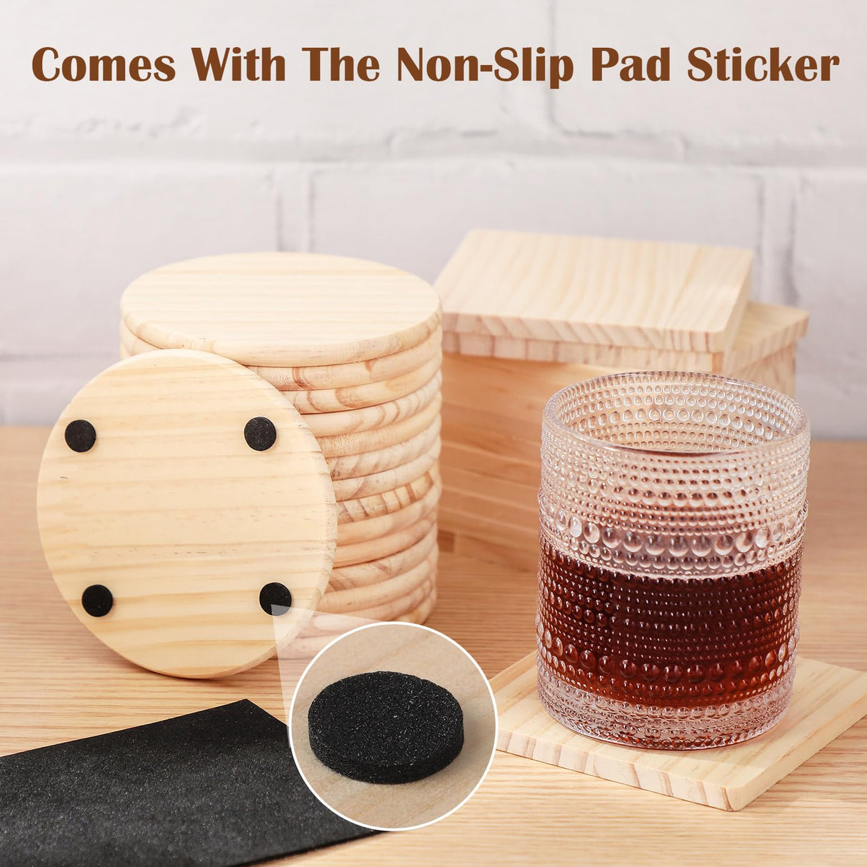 Hushee 96 Pcs Unfinished Wood Coasters 4 Inch Blank Wooden Coasters for Crafts with Non Slip Foam Pad Stickers Wooden Craft Tabletop Protection for Christmas DIY Painting Engraving Home Decoration