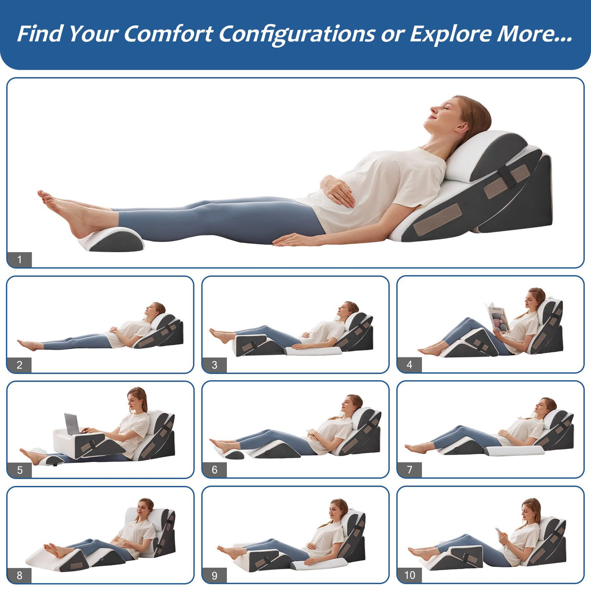 Ahpmeoa 6PCS Wedge Pillow Set for After Surgery, Bed Wedge Pillow Post Surgery, Wedges Pillows for Back Pain Relief, Acid Relux, Sit Up Pillow for Beds, Beds Wedges & Body Positioners, White/Grey