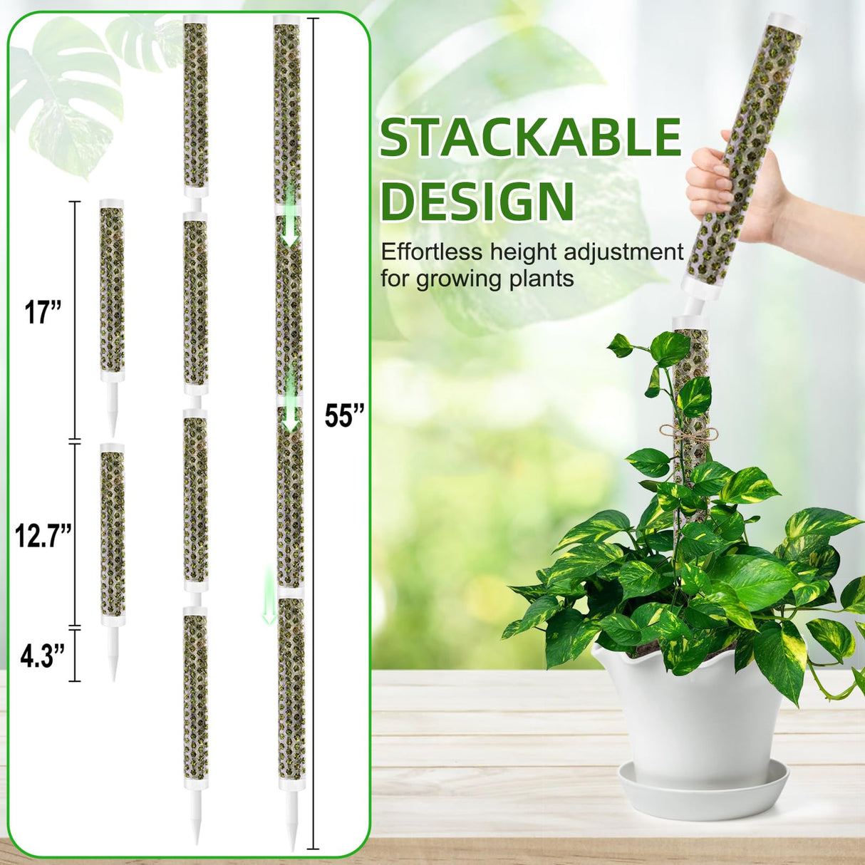 Fabulas 55 Inch Moss Pole Monstera Plant Support, 4 Pack 17 Inch Plant Support Stakes for Indoor Climbing Plants, Stackable Sphagnum Moss Pole Sticks for Garden Potted Planter, Pothos, Philodendron