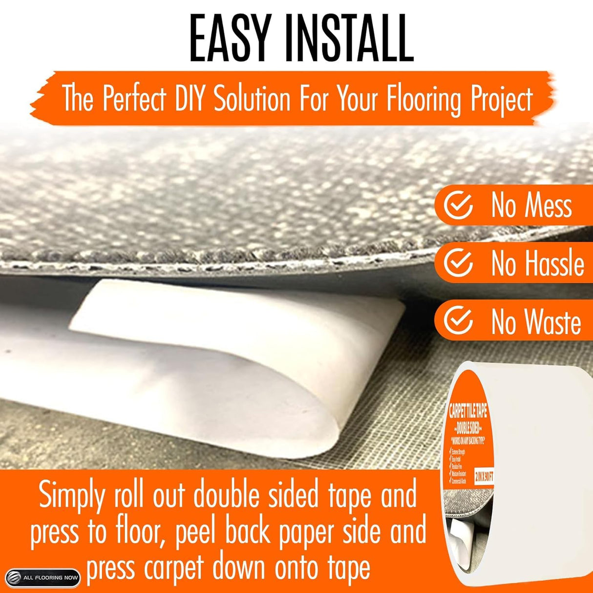 All Flooring Now Carpet Tile Tape Double Sided 4in x 90ft (3 Pack) Heavy Duty Reinforced Web Mesh Residue Free - Indoor Outdoor for Carpet Tiles, Hardwood, Vinyl, Rugs, Carpet, Rubber & Mat Gripper
