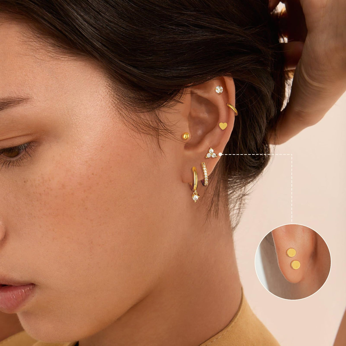 adoyi Gold Hoop Earrings Set for Women Hypoallergenic Surgical Steel Earrings for Women Sensitive Ears, 14K Gold Plated Flat Back Studs Stainless Steel Mini Hoops Earring Lightweight Jewelry