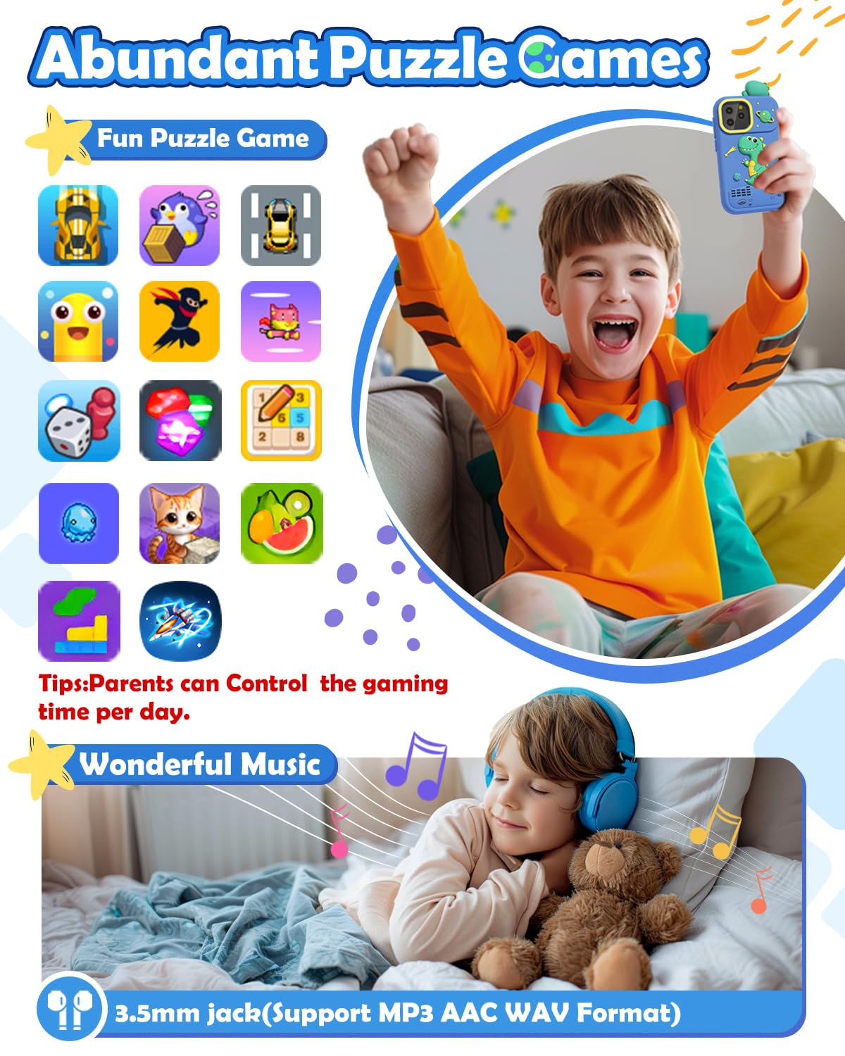 Sueseip Smart Phone for Kids Toys Age 4-6, Christmas Birthday Gifts Dinosaur Toddler Toys for Boys 5-7, Touchscreen Dual Camera Kids Cell Phone for Boys Age 8-10, with Games,SD Card,Screen Protector