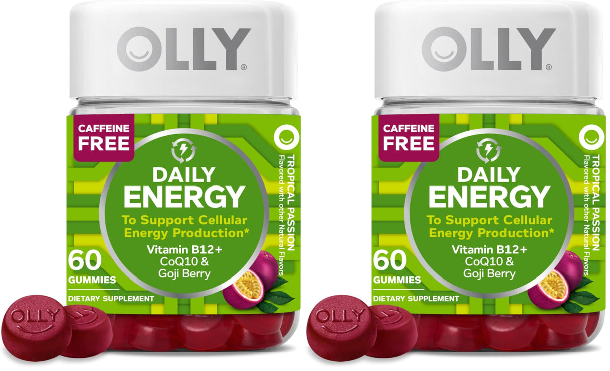 OLLY Daily Energy Gummy,Caffeine Free,Vitamin B12,CoQ10,Goji Berry,Adult Chewable Supplement,Tropical Flavor -,60 Count (Pack of 2)