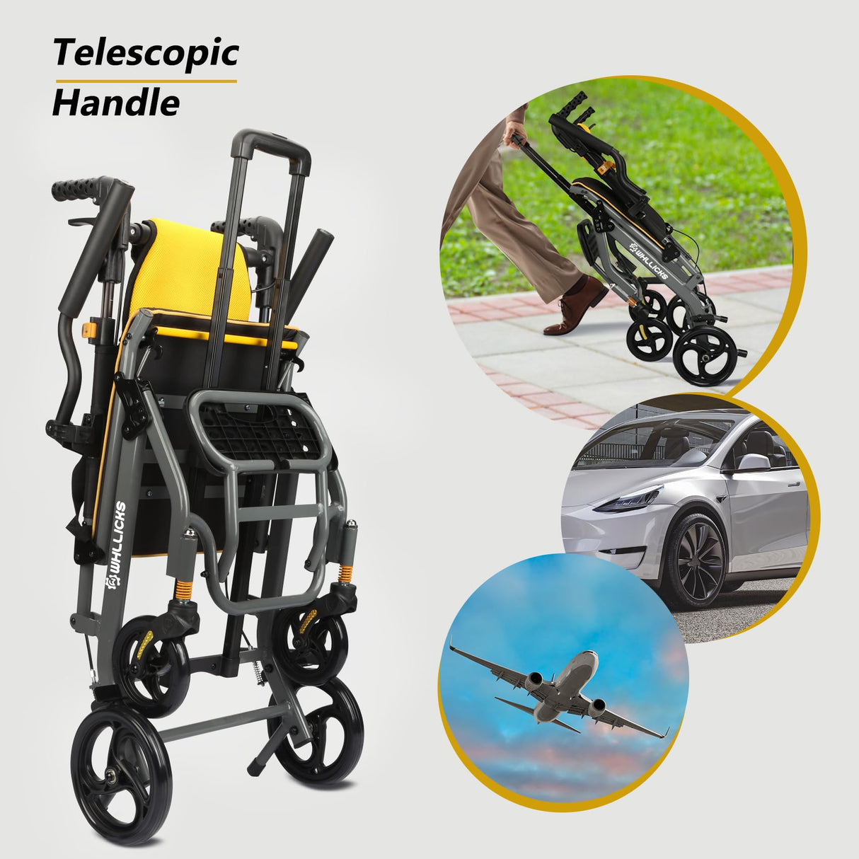 WHLICKS Wheelchairs for Adults Transport Chair Lightweight Foldable with Telescopic Handle, 19.4lbs Portable Folding Travel Wheel Chairs for Seniors