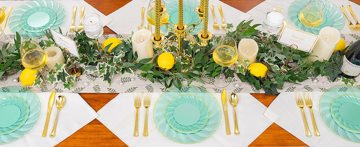 YOUBET 125PCS Clear Green Plastic Plates with Gold Rim - Green and Gold Plastic Plates Include 25 Dinner Plate 25 Dessert Plate 75 Disposable Silverwares for Wedding & Party & Christmas