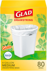 Glad Medium Drawstring Trash Bags, 8 Gal, Gain Original with Febreze, 80 Ct (Package May Vary)