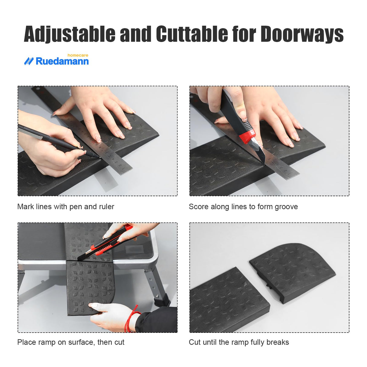 Ruedamann 1-1/2" Rise Rubber Threshold Ramp, 42.9" Wide Wheelchair Ramp, 2200 Lbs Capacity, Entry Ramp, Curb Ramps with Non-Slip Surface, Door Ramps for Wheelchairs, Scooter, Power Chairs, Driveways