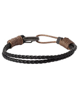 Lucky Brand 2-Row Corded Black Leather Bracelet for Men with Brown