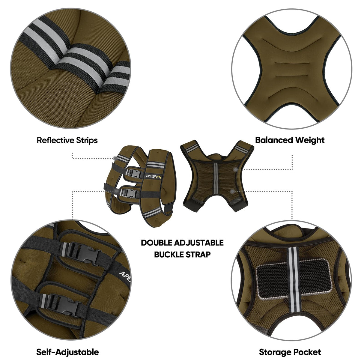 APEXUP Weighted Vest with 5lbs/10lbs/15lbs/20lbs/25lbs/30lbs Weights and Reflective Stripe, Weight Vest Men Women for Workout, Strength Training, Running (Khaki, 15lbs)