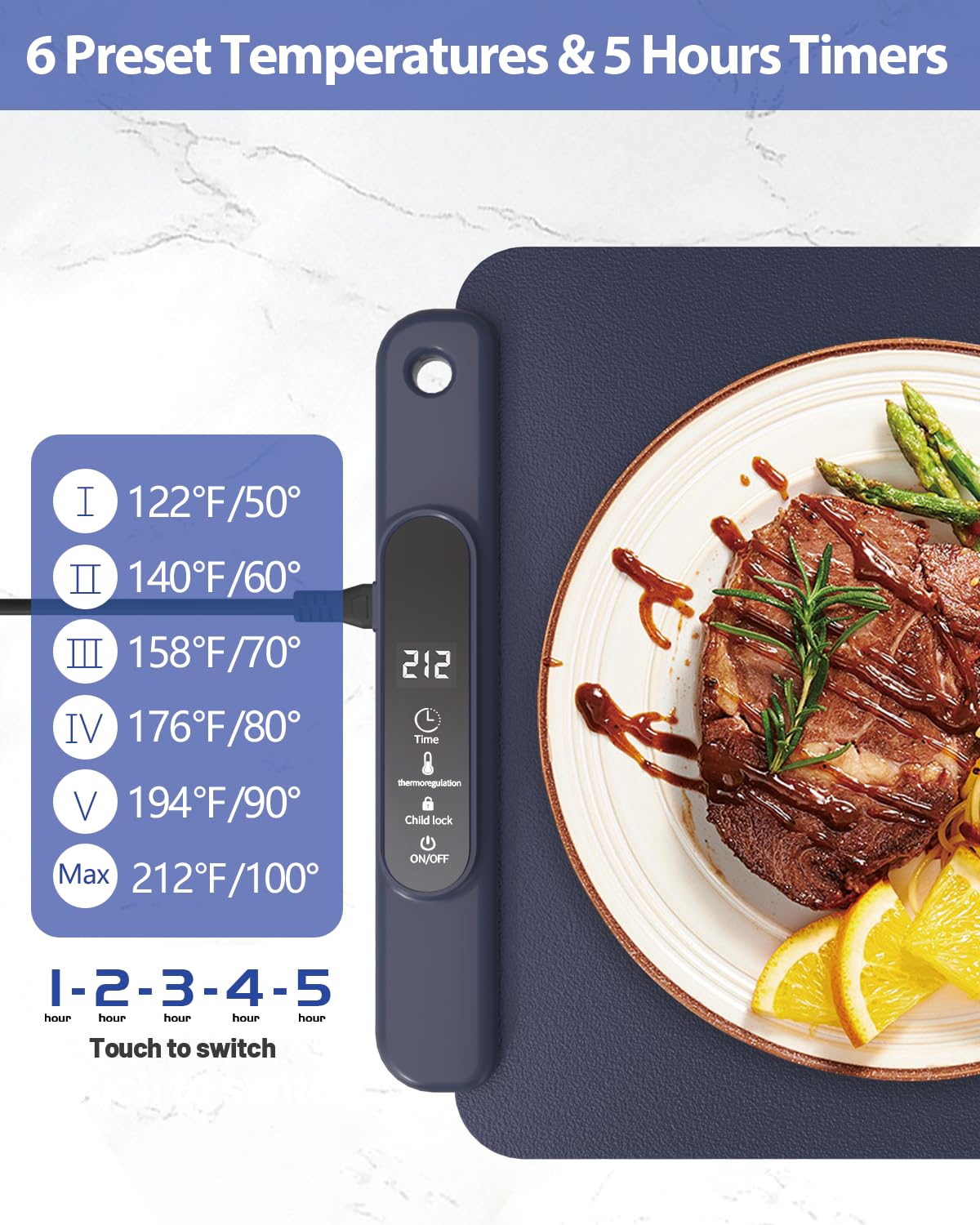 Food Warming Mat Electric Tray: YTLAD Silicone Heating Pad with 6 Level Adjustable Temperature and 5 Hours Timer & Family Lock, Foldable Food Warmers for Parties, Daily Use (Blue, 25.6" x 15.55")