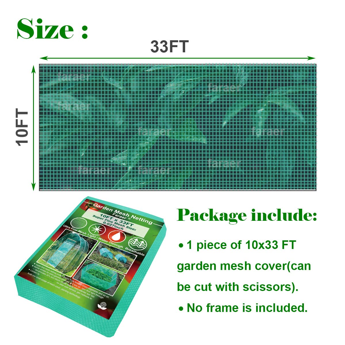 Garden Barrier Netting, Plant Covers 10x33ft Extra Fine Mesh 30% Green Sunblock Shade Cloth Mesh Protection Netting for Vegetable Fruits Flowers Crops Row Cover Raised Bed Screen Against Birds Animal