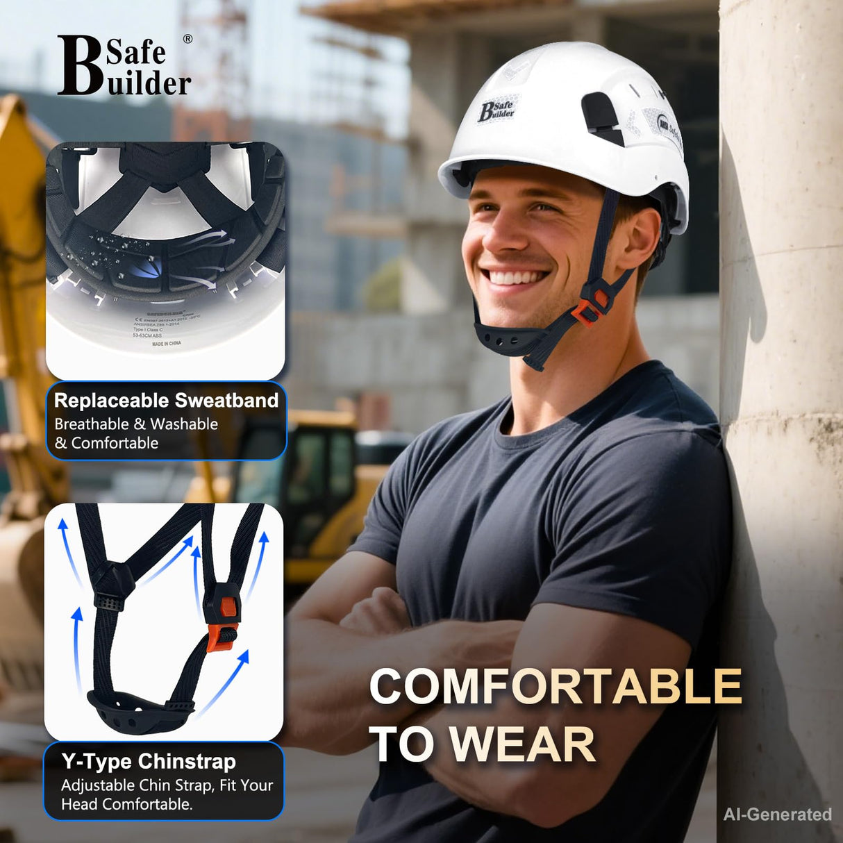 SAFEBUILDER ABS Work-at-Height and Rescue Hard Hat Construction Safety Helmet Slotted Ventilated w/Adjustable Ratchet 6-Point Suspension ANSI Z89.1-14 (01-White Safety Helmet)