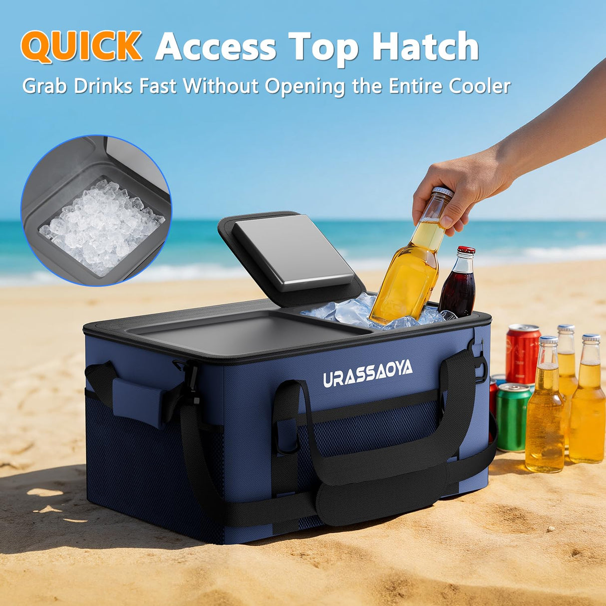[2026 Updated] 50 Can Collapsible Soft Cooler Bag with Hard PP Lid, Leakproof Insulated Ice Chest with Quick-Access Top Hatch, Bottle Opener & Mini Table for Beach, Camping, Travel (Navy Blue)