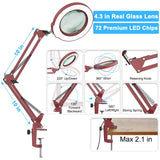 10X Magnifying Glass with Light and Clamp, Real Glass Stand Lighted Magnifier, 5 Color Modes Stepless Dimmable LED Desk Lamp Hands Free for Crafts Hobby Reading Painting Sewing Close Work - Red