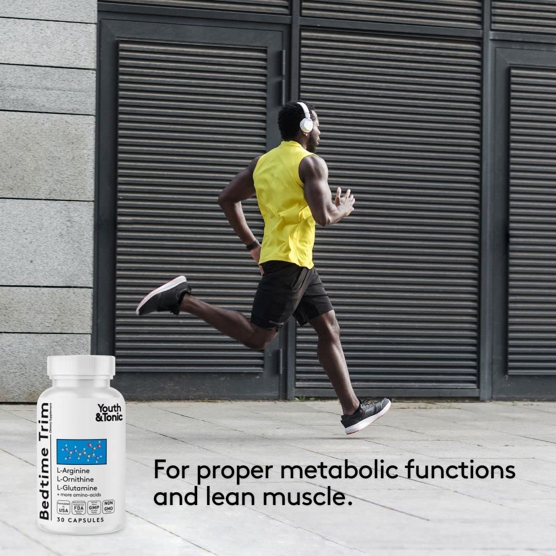 Youth & Tonic PM Bedtime Trim Amino Acids Supplement Pills for Men and Women | 30 Capsules to Support Metabolism and Defined Lean Muscles During Night Time