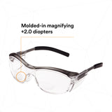 3M Safety Glasses with Readers, Nuvo Readers, +2.0 Diopter, Pack of 1, ANSI Z87, Clear Lens, Gray Frame, Soft Nose Bridge, Side Shields