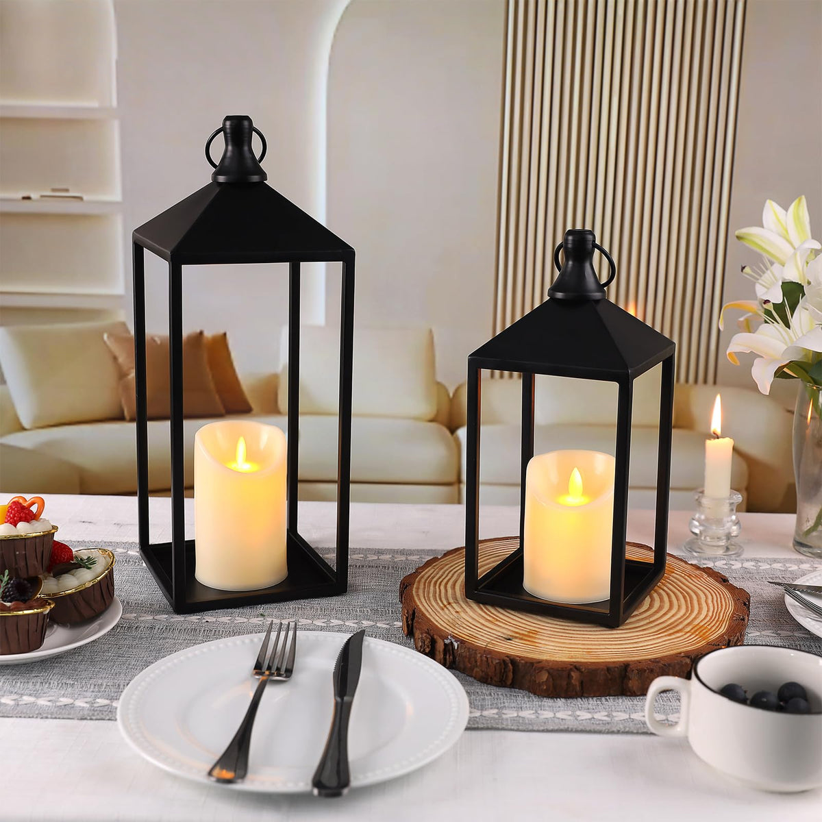 2 Pcs Black Decorative Metal Lanterns Farmhouse Lantern Decor with Candles