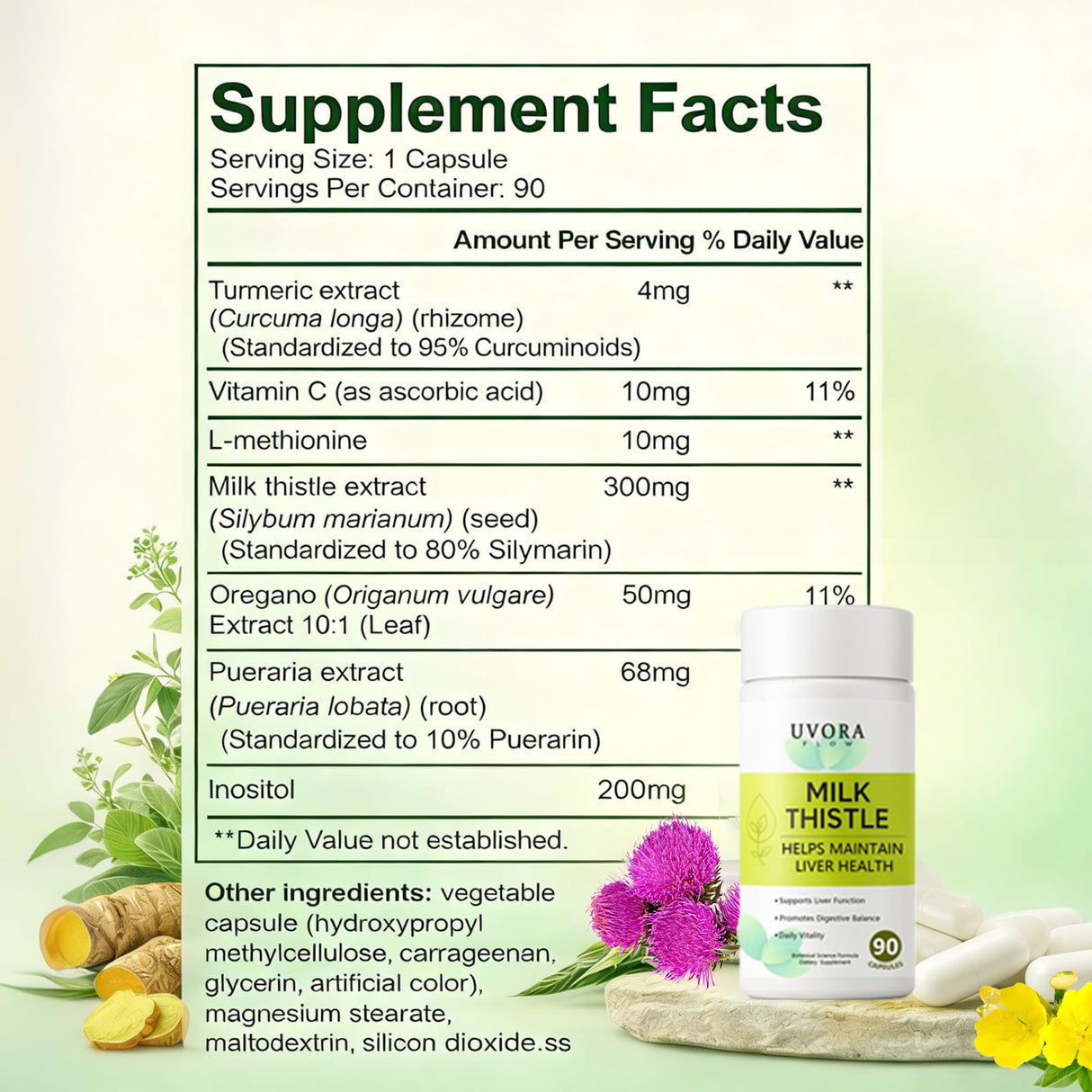 uvora Milk Thistle Capsules, Plant-Based Ingredient Formula with Turmeric, Inositol & Vitamin C – 60 Vegetarian Capsules, Non-GMO, Gluten Free