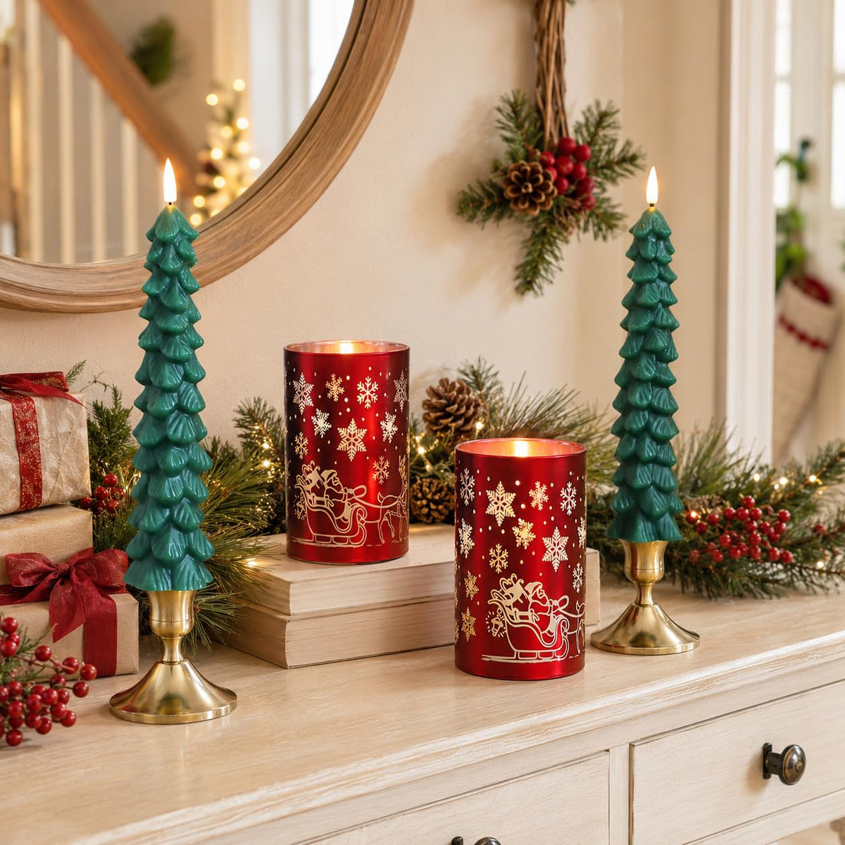 Lezonic Christmas Flameless Candles with Remote, Green Christmas Tree Flickering Battery Operated Window Candlesticks, Red Glass Xmas New Year Decorations Gifts, Set of 4 Real Wax LED Candles