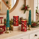 Lezonic Christmas Flameless Candles with Remote, Green Christmas Tree Flickering Battery Operated Window Candlesticks, Red Glass Xmas New Year Decorations Gifts, Set of 4 Real Wax LED Candles