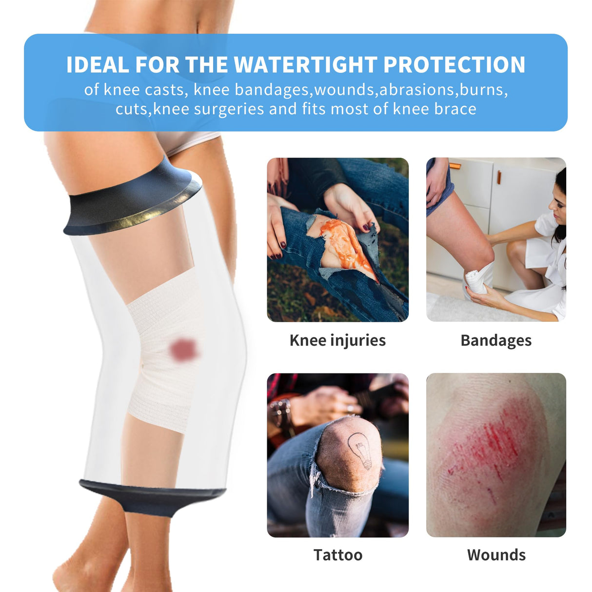 KEEFITT Knee Cast Cover for Shower, Waterproof Bandage and Cast Protector for Knee Replacement Surgery, Wound, Burns Watertight Protection Reusable,