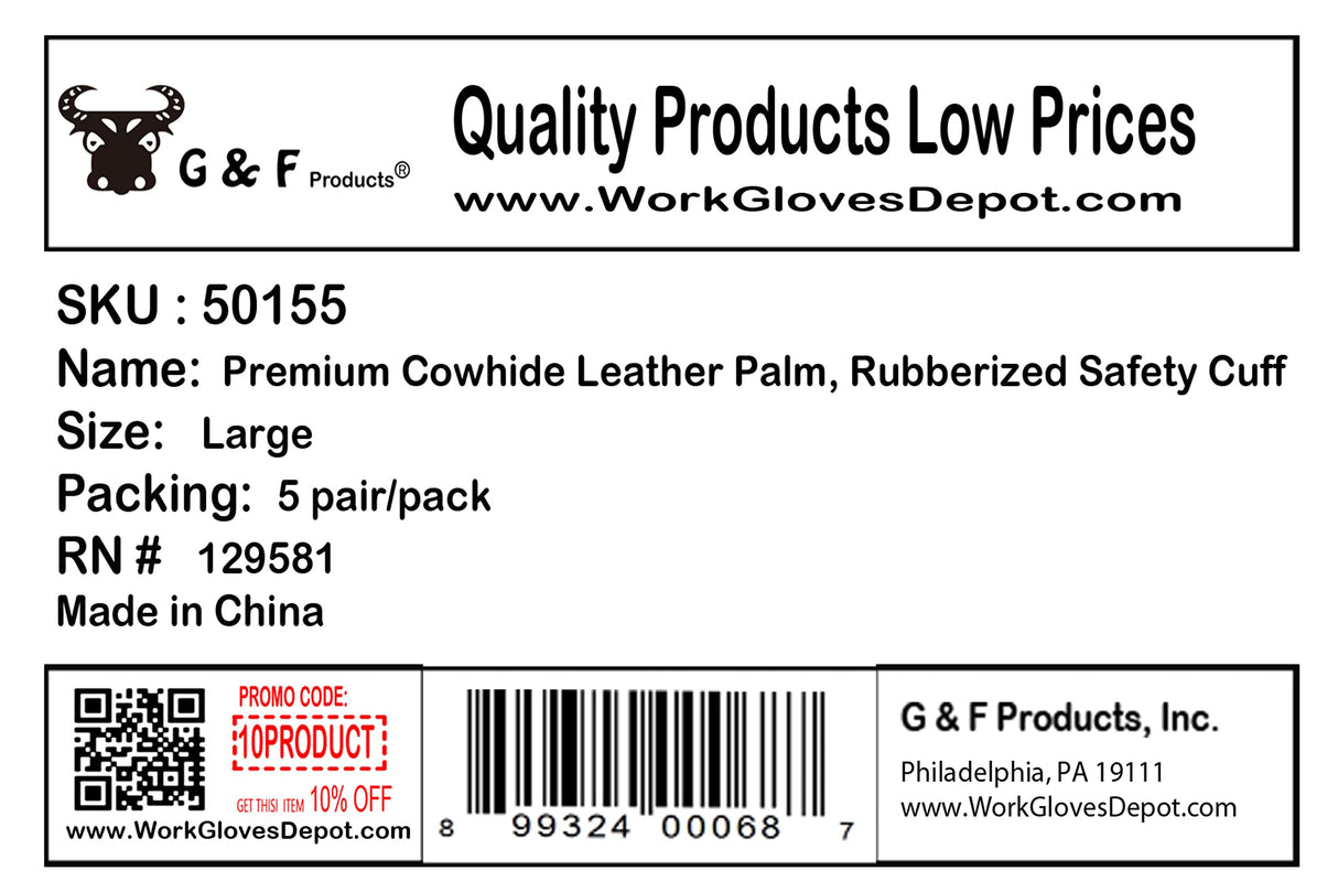 G & F Products Cowhide Leather Work Gloves with Suede Finish Palm rubberized safety cuff, 5 Pairs