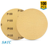 S SATC 100 PCS PSA Sanding Discs 6 Inch Adhesive Backed Sandpaper 180 Grit Sander Attachment for Drill Self Stick Aluminum Oxide Round Automotive Sandpaper with Sticky Back