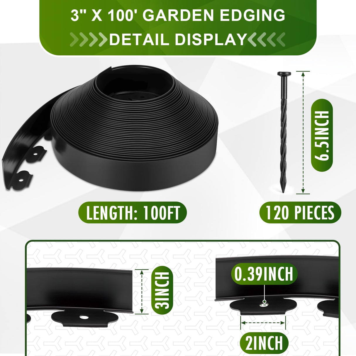 3 Inch Landscape Edging, 3" x 100' Garden Edging, 3 Inch No Dig Edging for Landscaping with 120 Pcs Anchoring Spikes and 5 Pcs Connectors Flexible Landscape Border Edging for Landscaping(Black)
