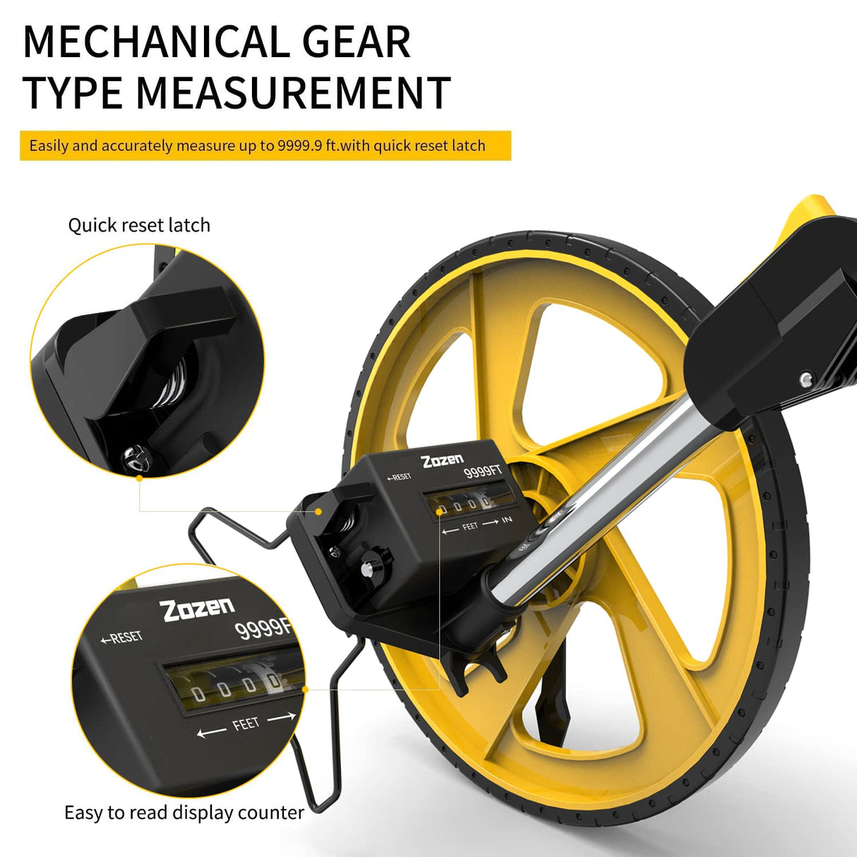 Zozen Measuring Wheel in Feet and Inches, Mechanical/Double Collapsible/One Key to Reset/Kickstand to Keep Stand/Starting Point Arrow and Cloth Carrying Bag, 0-9,999 Ft Measure Wheel.