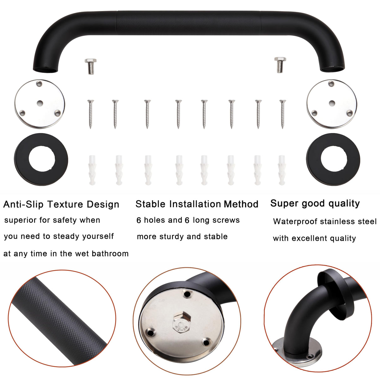 Rackickyer Shower Grab Bar, 2 Pack 16 Inch Black Bathroom Grab Bar, 1.25" Diameter 304 Stainless Steel Anti-Slip Grab Bars for Bathtubs and Showers, Handicap Shower Grab Bar for Seniors Elderly