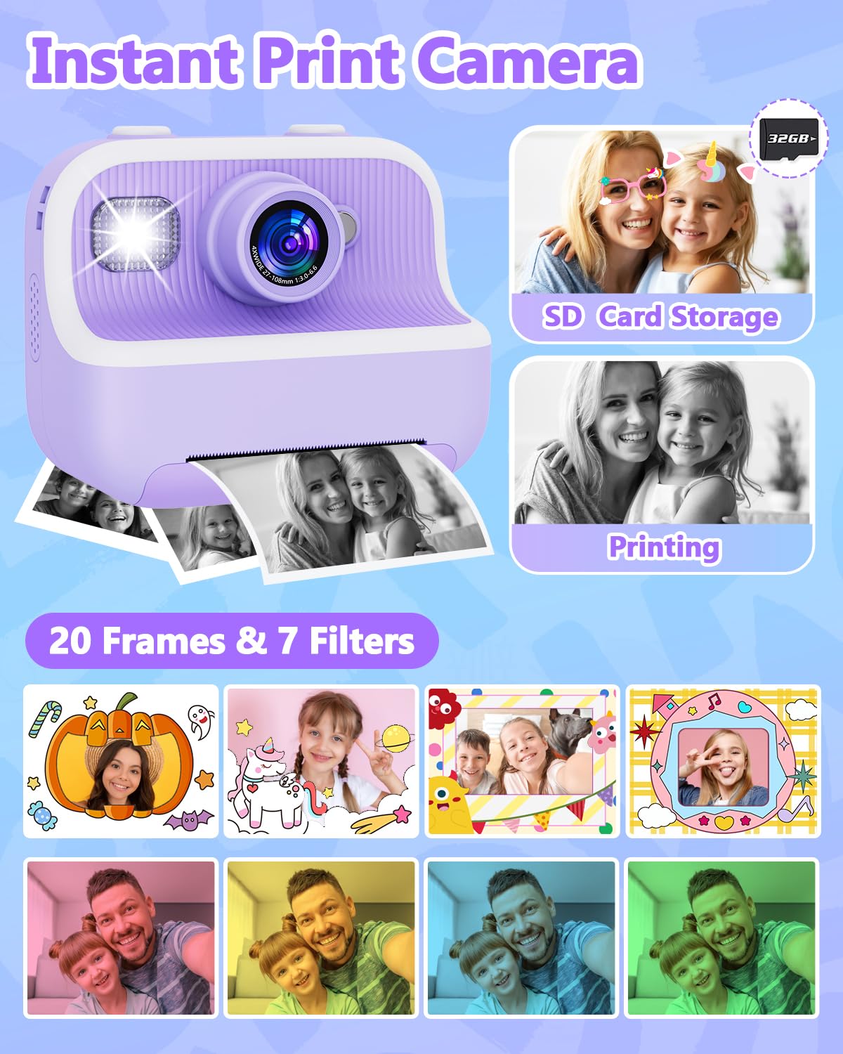 Instant Print Camera for Kids, Christmas Birthday Gifts for Girls Boys, Kids Camera Instant Print with Dual Camera 1080P Digital Camera Toys for 4 5 6 7 8 9 10 Year Old Girl with 32GB SD Card-Purple