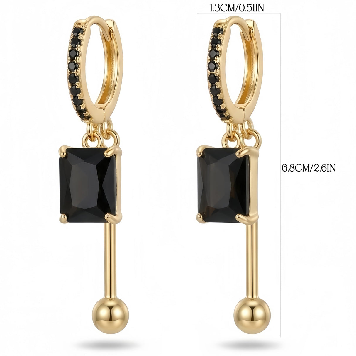 LisiZen 14K gold plated Black Zircon Dangle Earrings for Women – 2 Inch Rectangle Black Gold Drop Earrings, Minimalist Geometric Black Gold Earrings, Everyday Chic Black Gold Dangle Earrings
