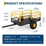22 Cu.Ft 1600Lbs Steel ATV UTV Trailer Tow Behind Dump Cart, Heavy Duty Pull Behind Utility Dump Trailer for Lawn Mower Trailer Tractor Garden Yard with Removable Rear Panel