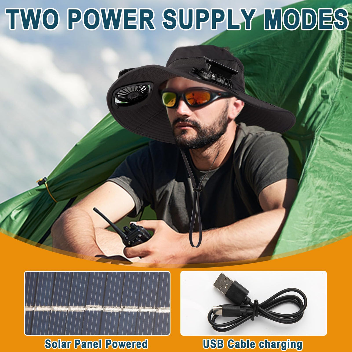 Solar Fan Hat for Men & Women, Wide Edge Outdoor Sun Hat with 2 Built-in Fans, UPF 50+ Waterproof Outdoor Hiking Camping Fishing Hat, 3 Speed Adjustable Fan Hat (Khaki)