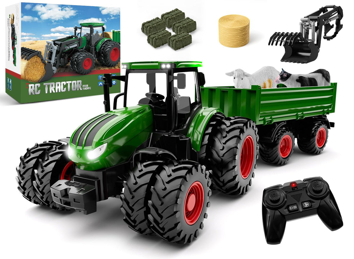 Uarzt Remote Control Tractor Toy with Trailer | Metal Front & Front Loader Farm Vehicle Set with Lights & 8-Wheel Design, RC Tractor Truck for Boys Ages 3-9, Fun Farm Toy Gift for Kids