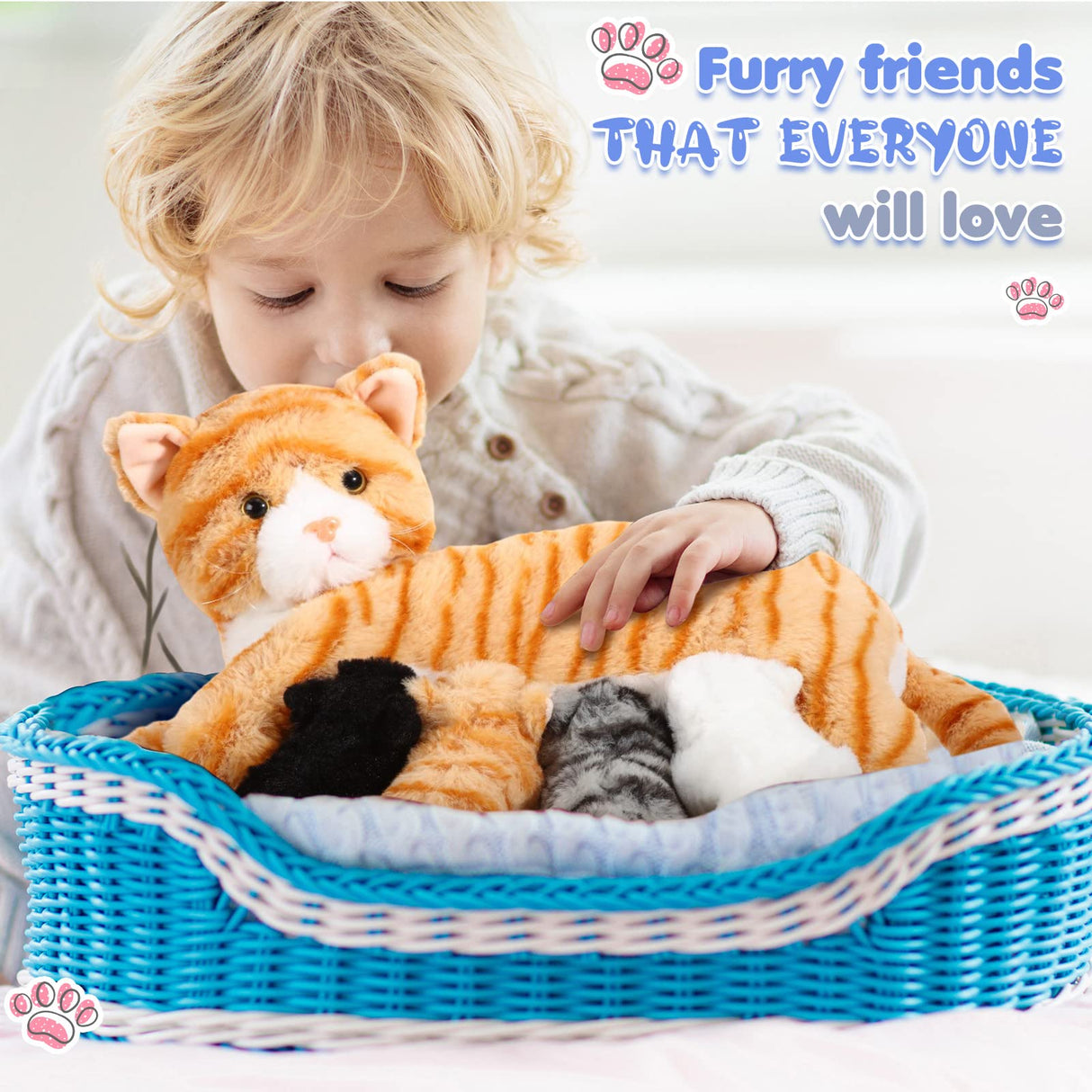 Skylety Nurturing Cat Stuffed Animal with 4 Plush Kittens, Cat Baby Stuffed for Girls Boys Plushy Mommy Kitty with Baby Kittens for Christmas Birthday Party Favors Gifts(Cute Style)