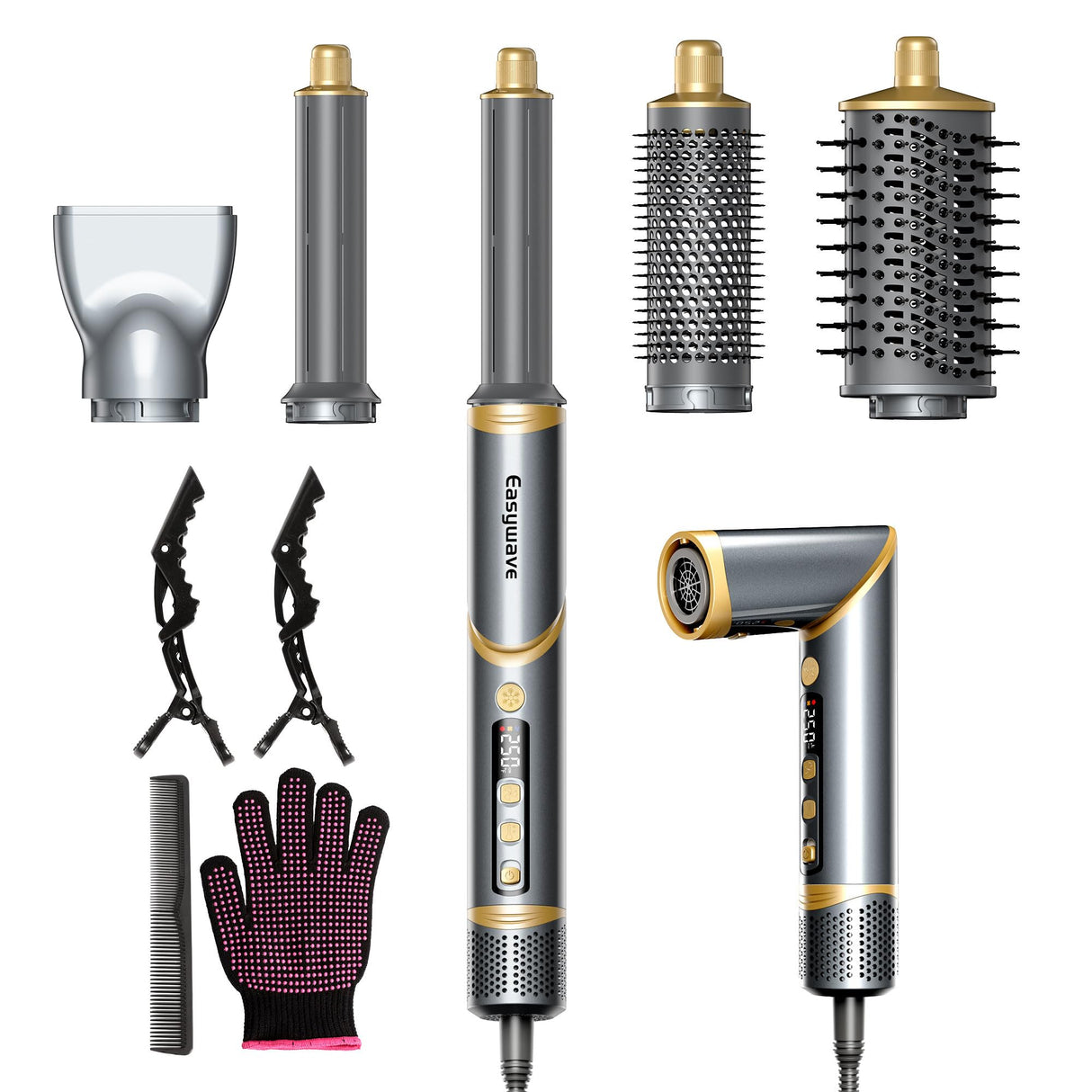 Easywave Air Wrap Hair Styler: Flexible 5 in 1 Styling & Drying System, Professional Hot Air Brush Set for Fast Drying, Curling, Volumizing, Smoothing & Styling, Oval Brush, Concentrator