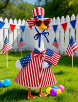 bomis Veterans Day Patriotic Porch Goose Outfits for 23 Inch Lawn Statue – Veteran Tribute Goose Costume with Red Heart Sunglasses, Star‑Striped Top Hat, Handheld American Flag
