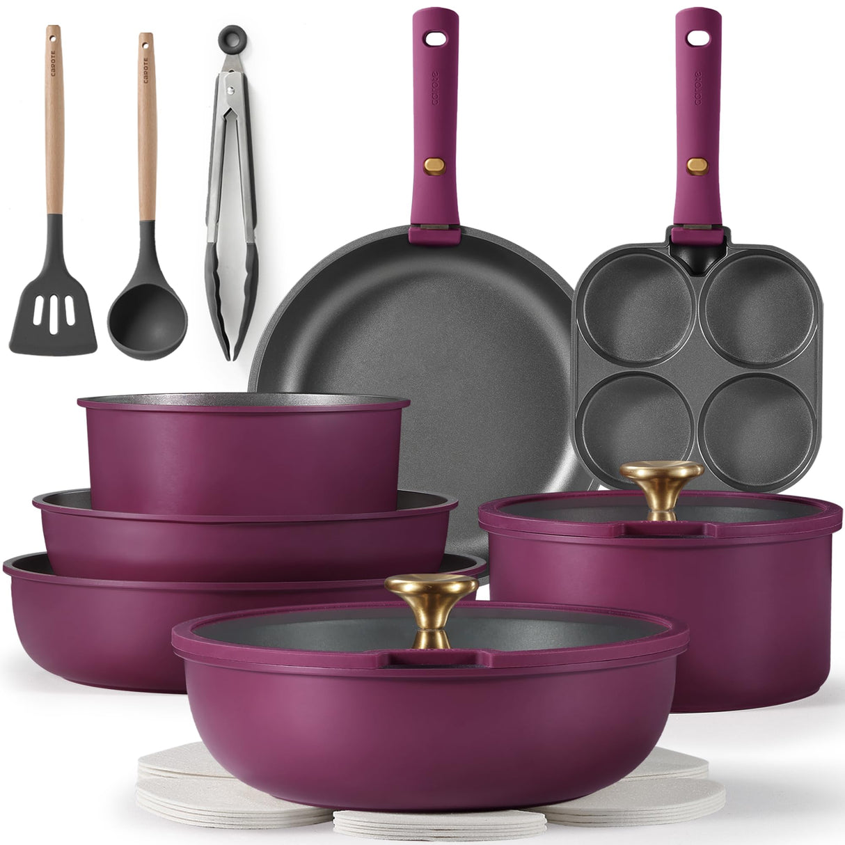 CAROTE 19pcs Pots and Pans Set, Nonstick Cookware Set Detachable Handle, Induction Kitchen Cookware Sets Non Stick with Removable Handle, RV Cookware Set, Gold and Purple