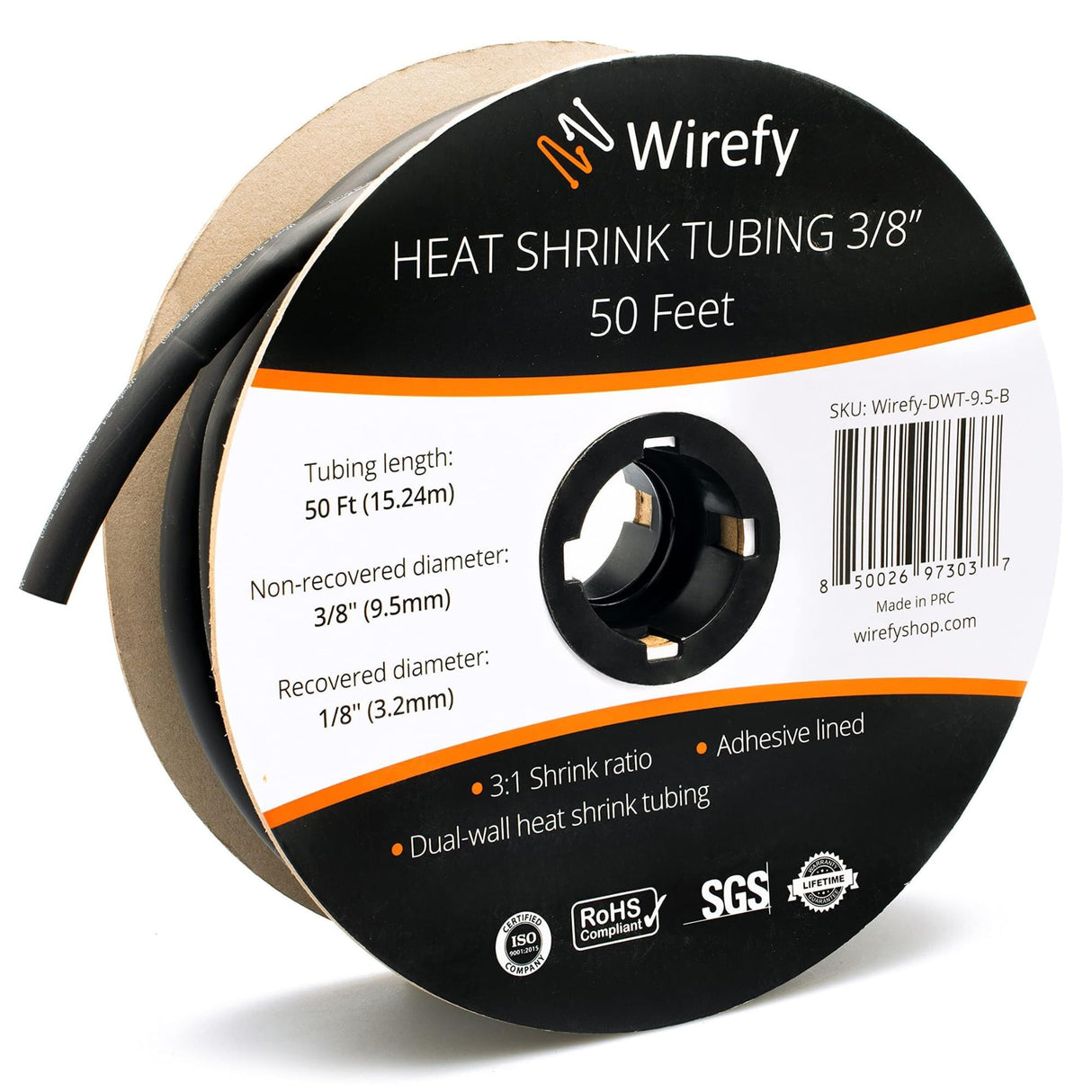 Wirefy | Heat Shrink Tubing - 3/8" inch - 3:1 Ratio - Adhesive Dual Wall Waterproof - Heat Shrink Tube - Heatshrink Tubes - Black - 50 Feet Roll | Trusted UL Certification