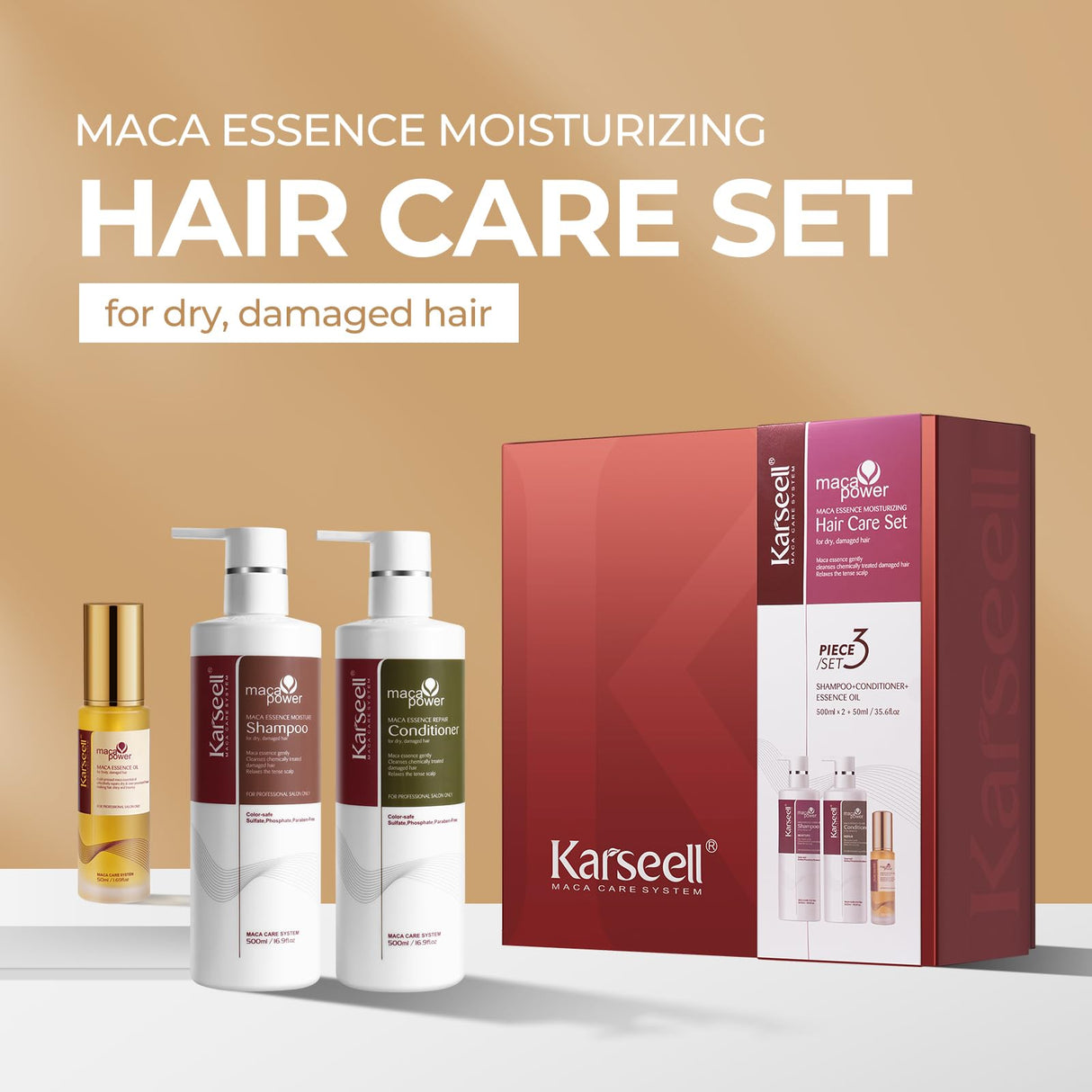 Karseell Collagen Hair Treatment Hair Care Set, Hair Oil Shampoo and Conditioner for Dry Damaged Hair All Hair Types 2 x 16.9fl.oz + 1.69fl.oz