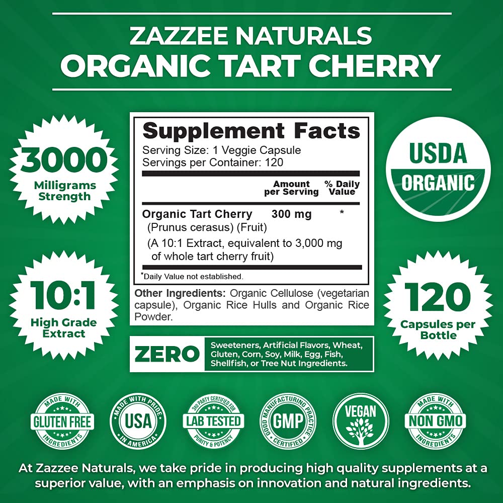 Zazzee USDA Organic Tart Cherry 10:1 Extract, 3000 mg Strength, 120 Vegan Capsules, 4 Month Supply, Standardized, Concentrated 10X Extract, 100% Vegetarian, Certified Organic, All-Natural and Non-GMO
